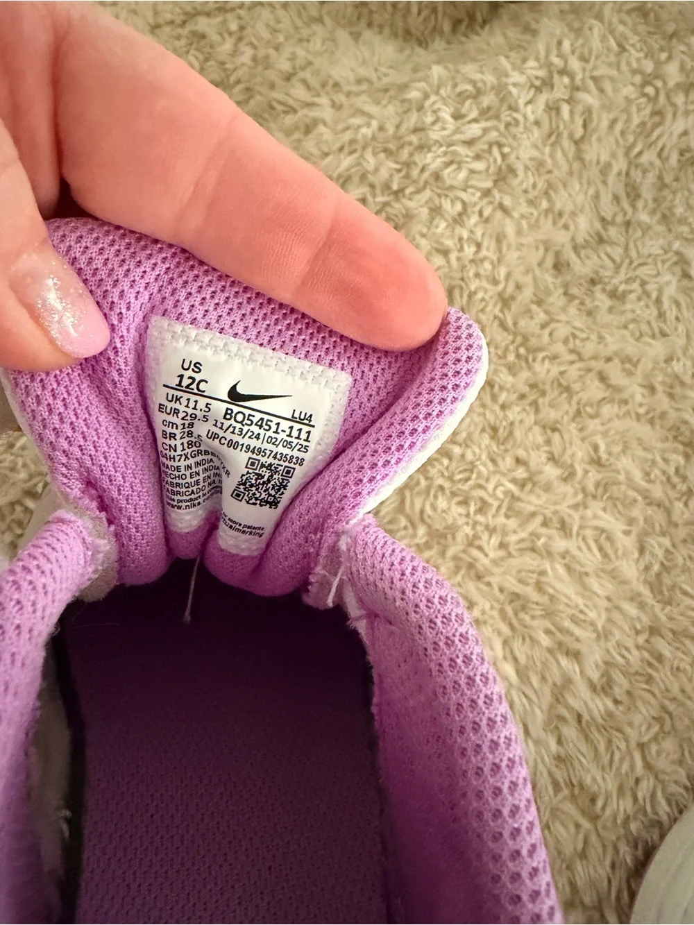 Nike White Kids Sneakers with Hot Pink Swoosh and Purple Lining